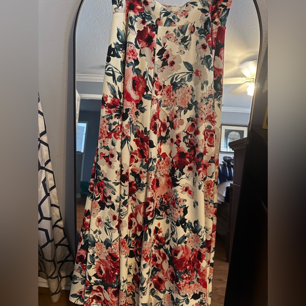 Agnes & Dora Cream Floral Maxi Skirt with Red Blooms